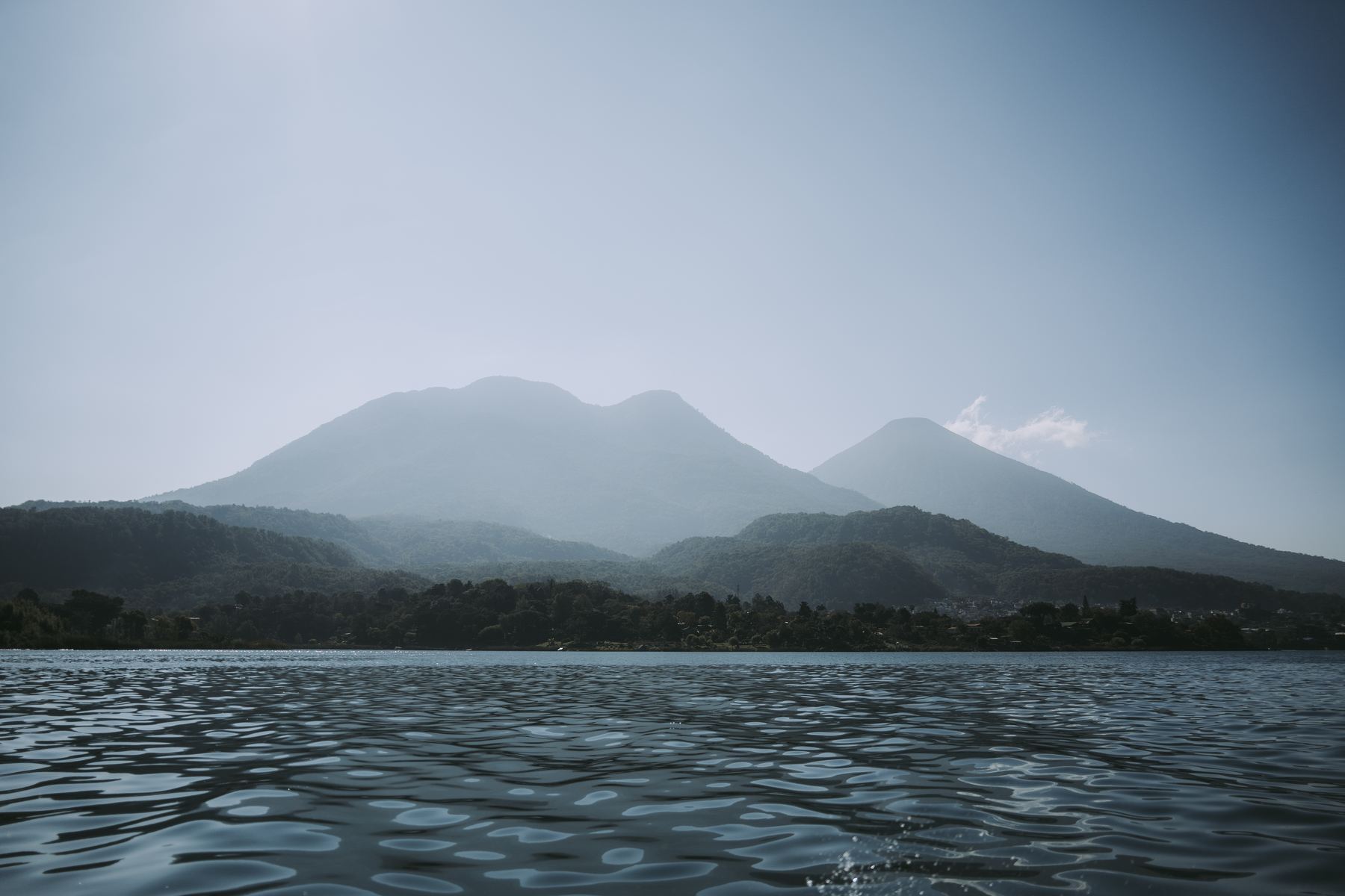 The volcanoes of Atitlán, Tolimán, and San Pedro rising above Lake Atitlán