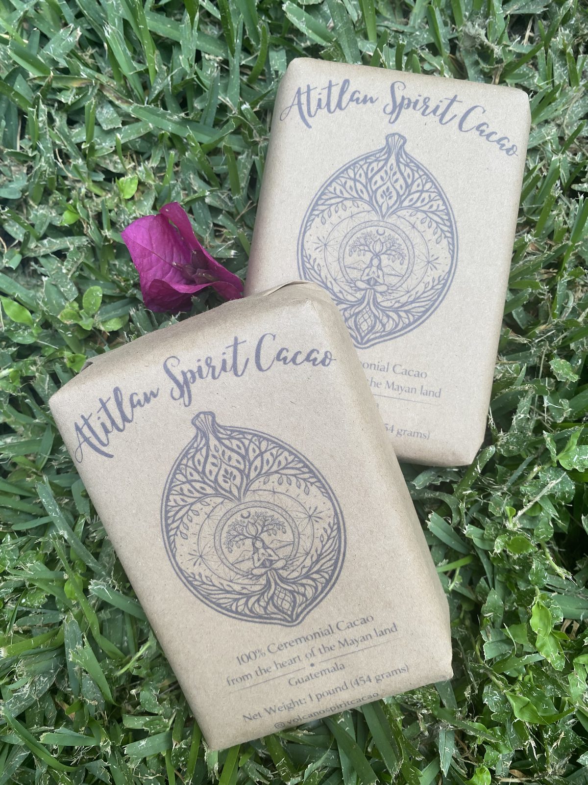 454g block of Volcano Spirit ceremonial cacao wrapped in kraft paper